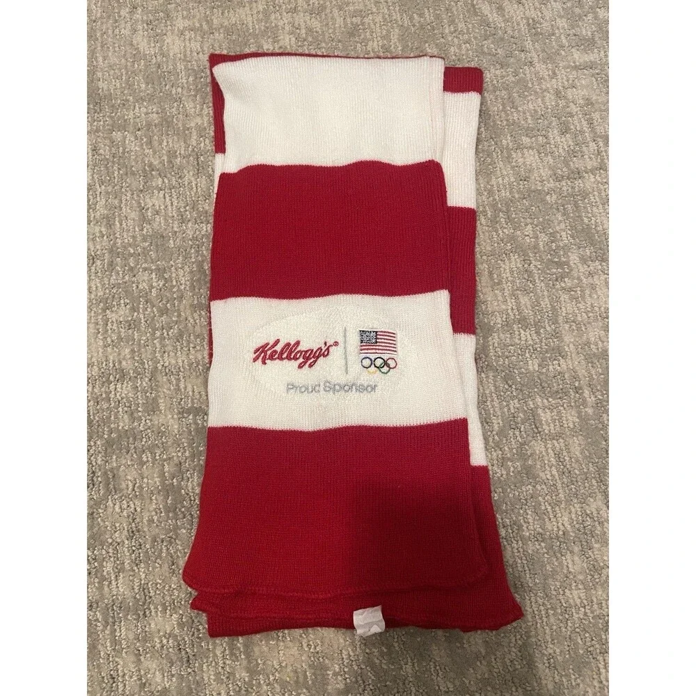 Kellogg's Olympic Red White Striped Knit Acrylic Scarf Logo Accent Winter